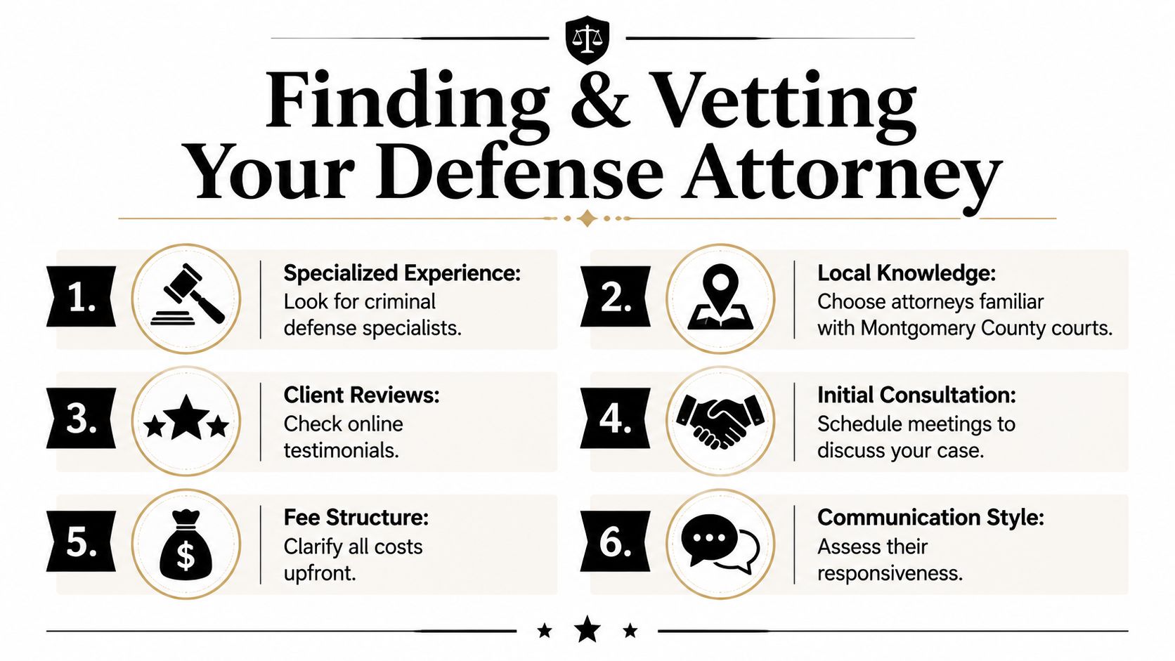 A guide illustrating six essential steps for finding and vetting a professional criminal defense attorney.