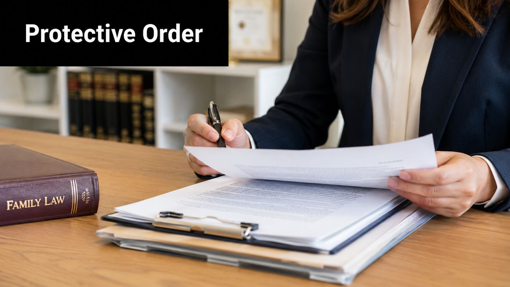 A professional lawyer wearing a suit reviewing a legal document labeled as a protective order.