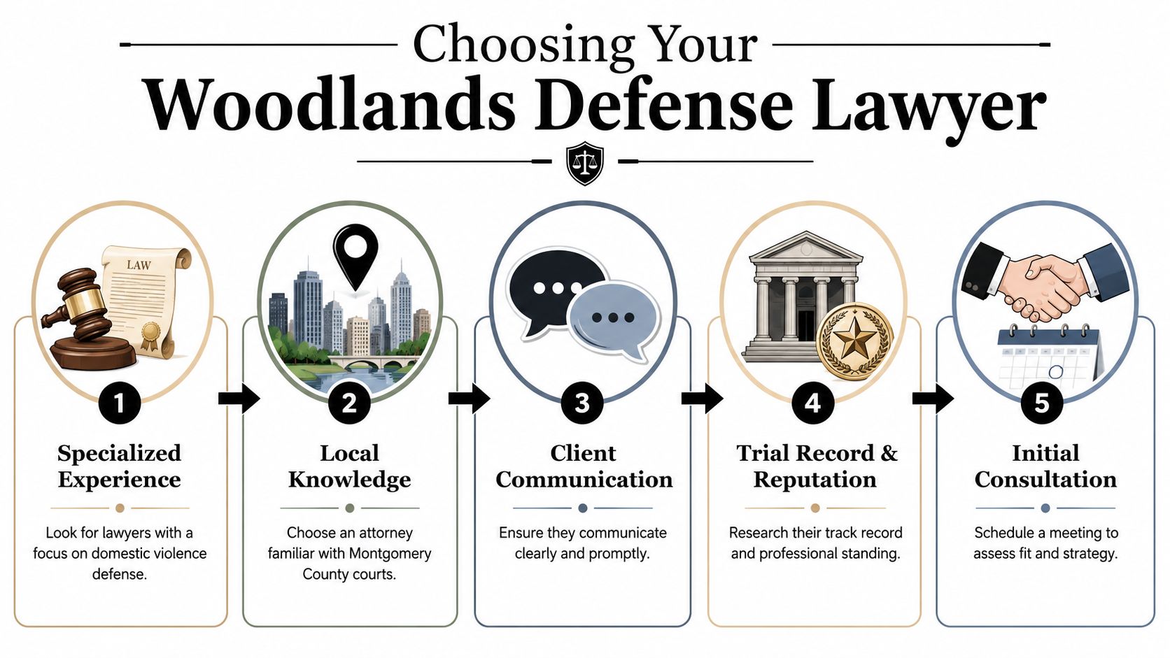 An infographic showing five steps to choose a domestic violence defense lawyer in The Woodlands, Texas.