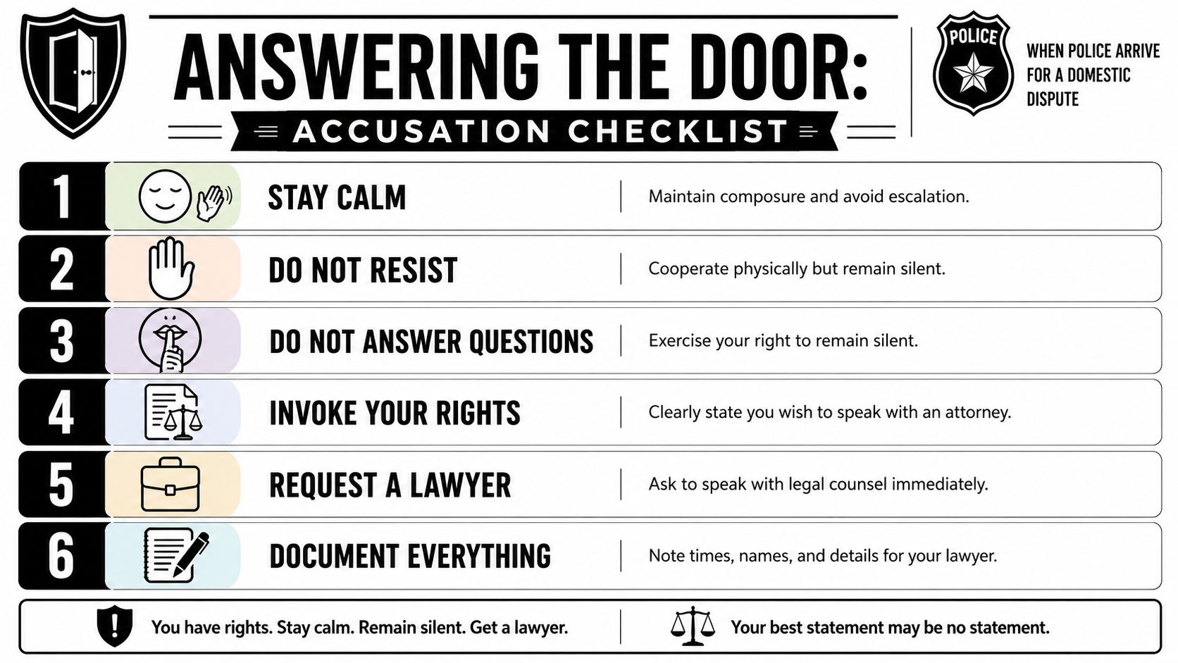 An infographic checklist for interacting with police during a domestic dispute to protect your legal rights.