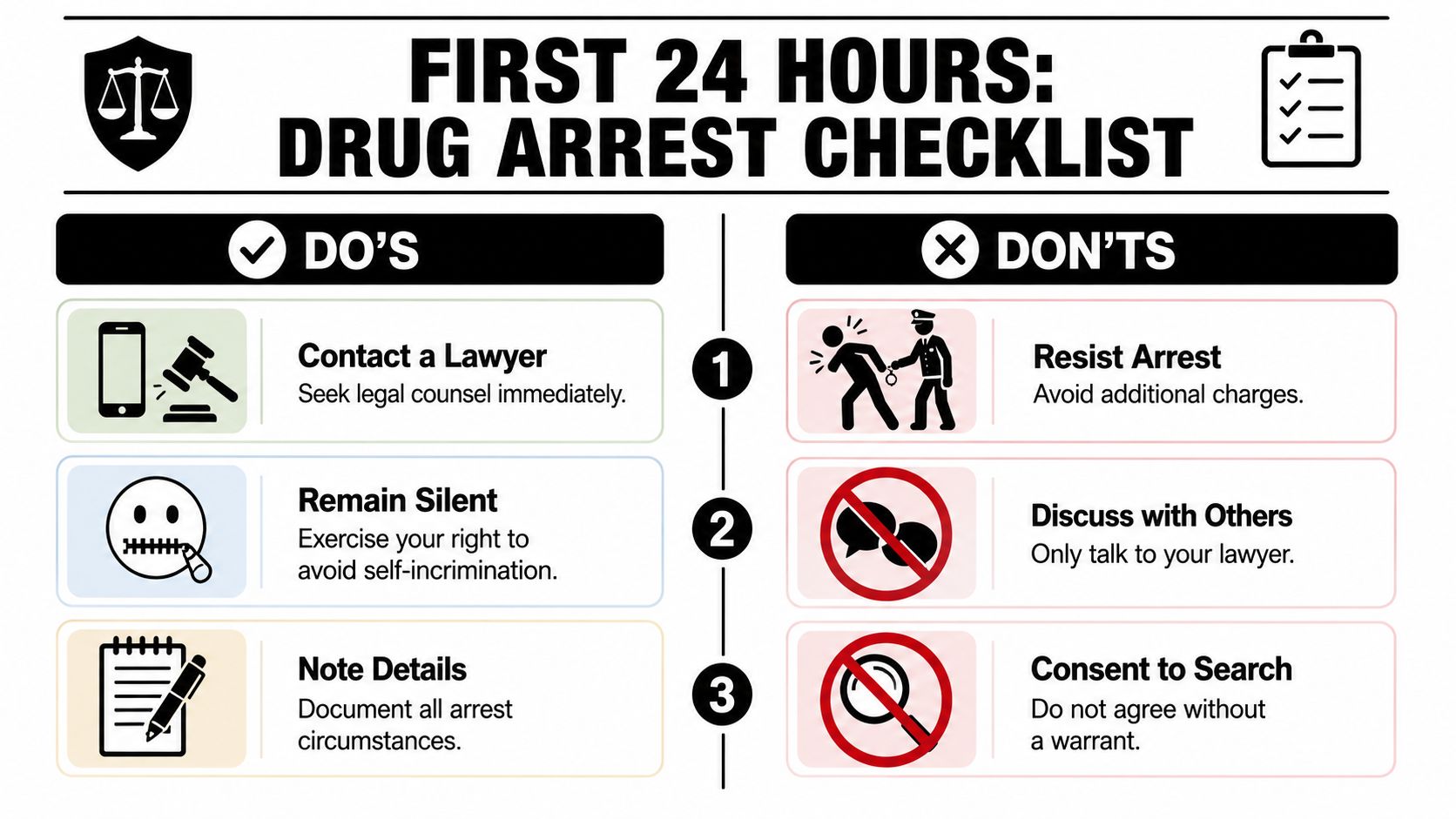 An infographic titled First 24 Hours Drug Arrest Checklist, listing essential legal dos and don'ts for individuals.