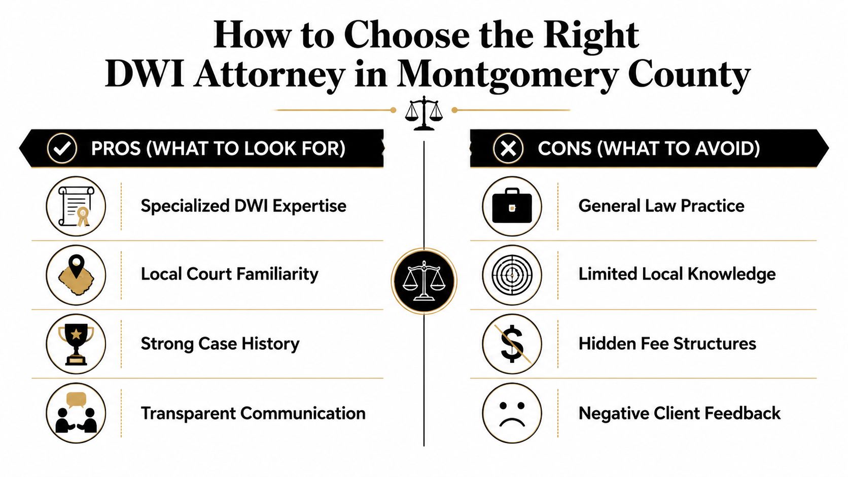 An infographic titled How to Choose the Right DWI Attorney in Montgomery County listing pros and cons.