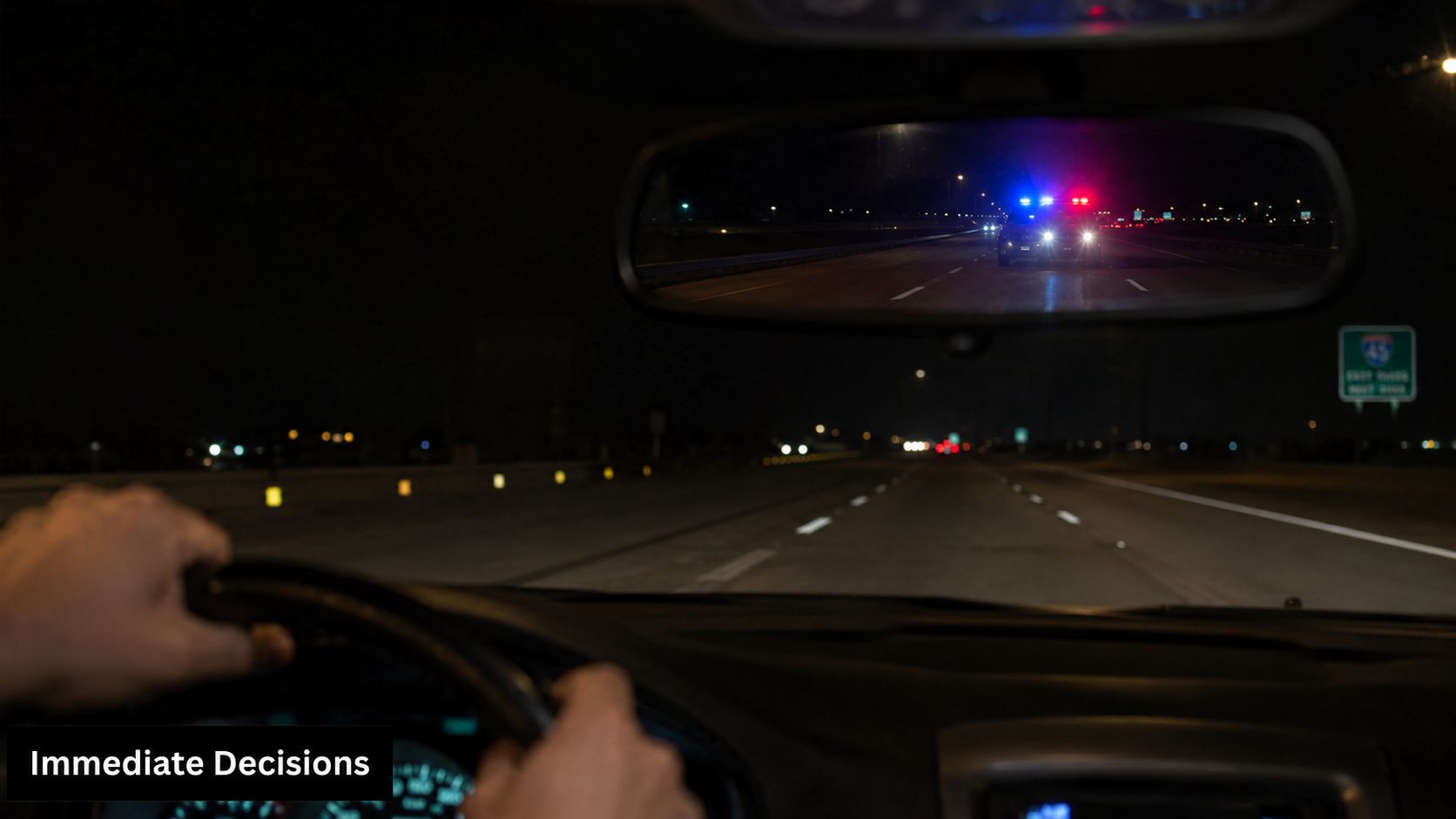 A driver looking in the rearview mirror at police lights flashing on a dark highway at night.