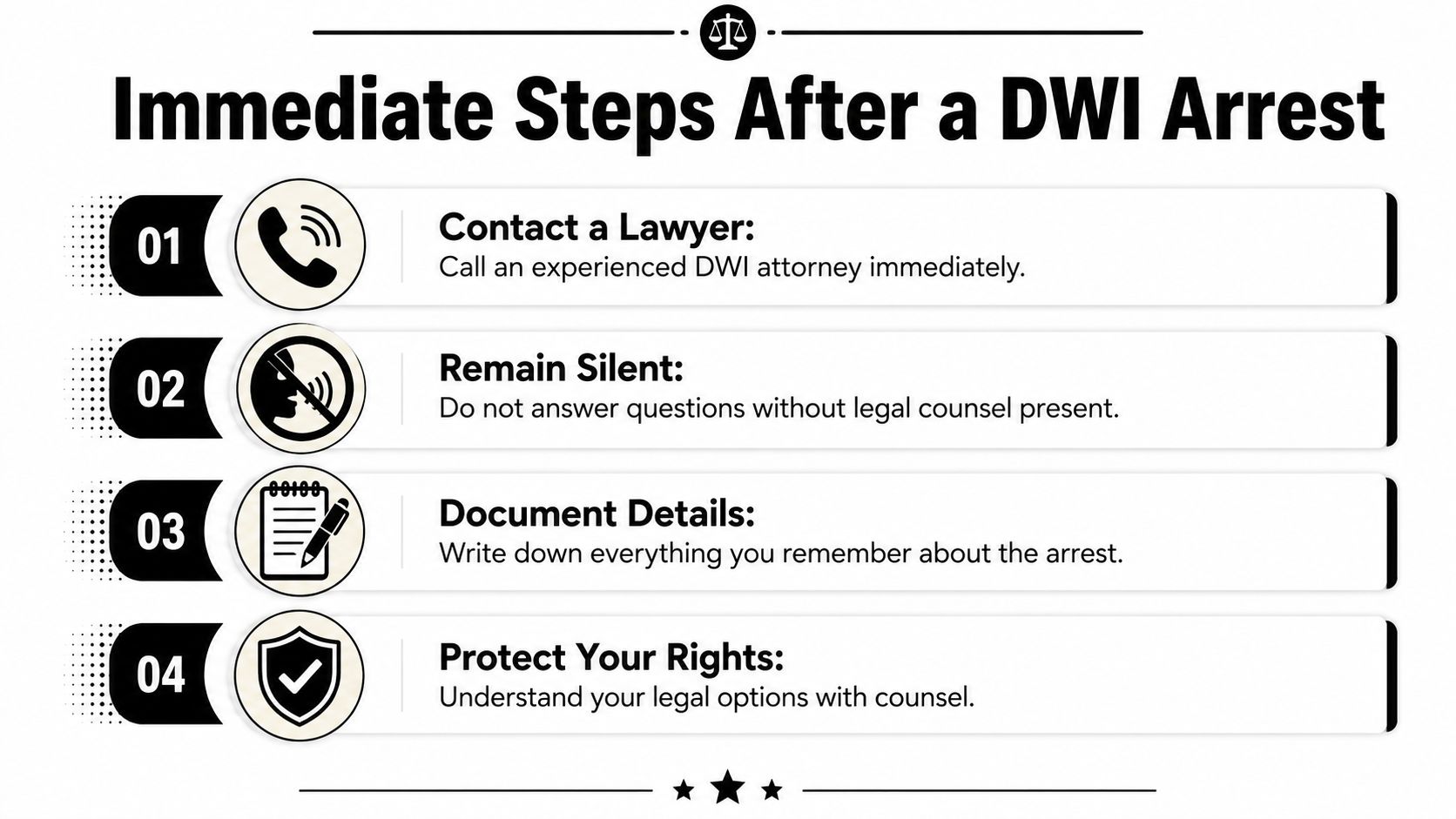 A list of four essential steps to take immediately following a DWI arrest for legal guidance.