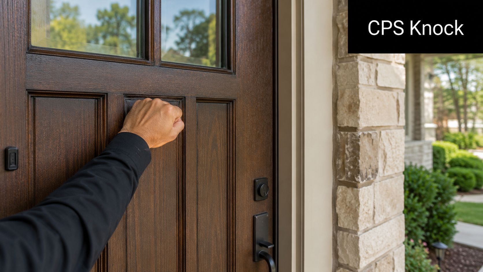 A person in a black shirt knocking on a wooden residential front door for a home visit.