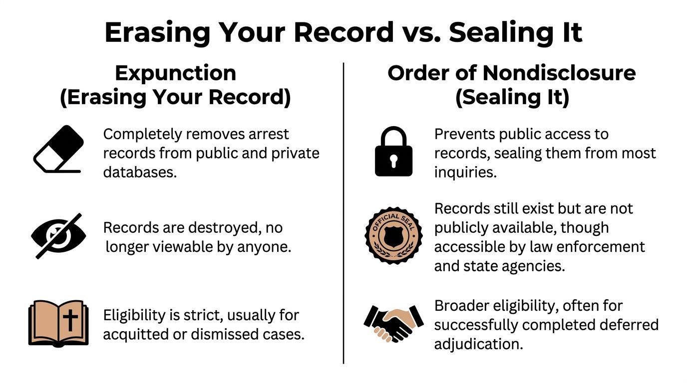 A comparison chart explaining the legal differences between record expunction and an order of nondisclosure.