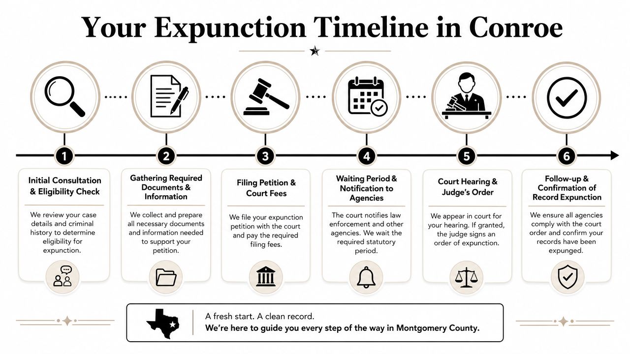 A six-step infographic detailing the legal expunction process in Conroe and Montgomery County, Texas.