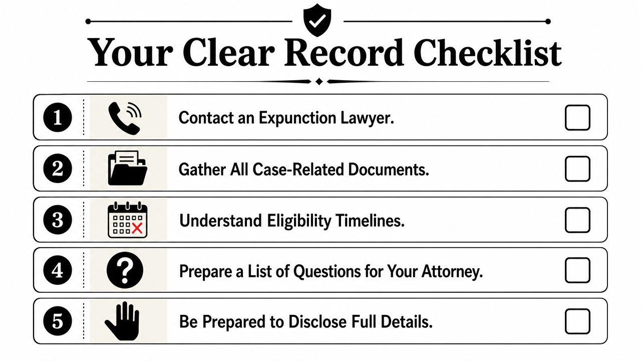 A checklist for legal expungement featuring five steps to clear a criminal record with an attorney.