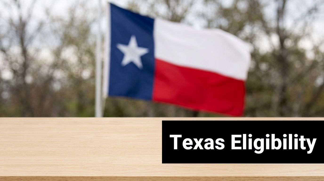 A blurry Texas state flag waves in the background behind a wooden surface with a black sign.