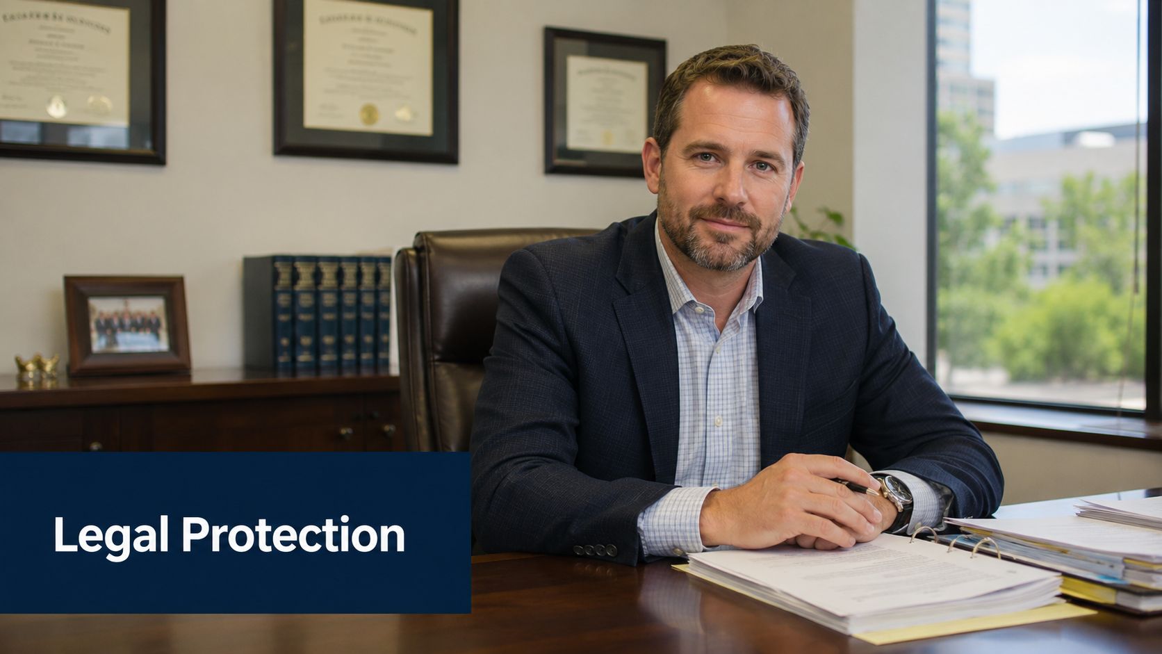 A professional attorney sitting at his office desk with documents, wearing a suit and dress shirt.
