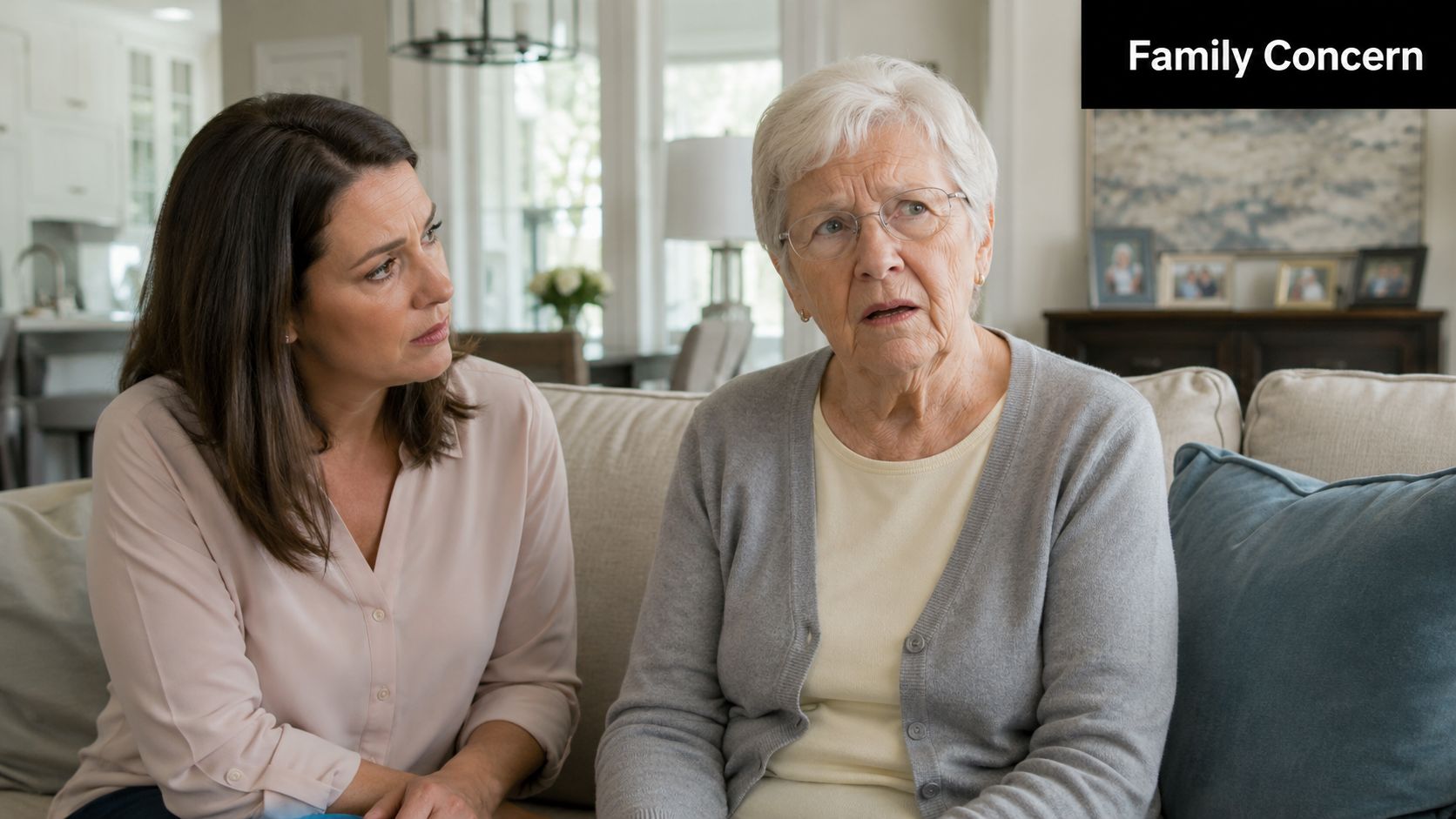 A concerned daughter comforts her elderly mother during a serious conversation in a brightly lit living room.
