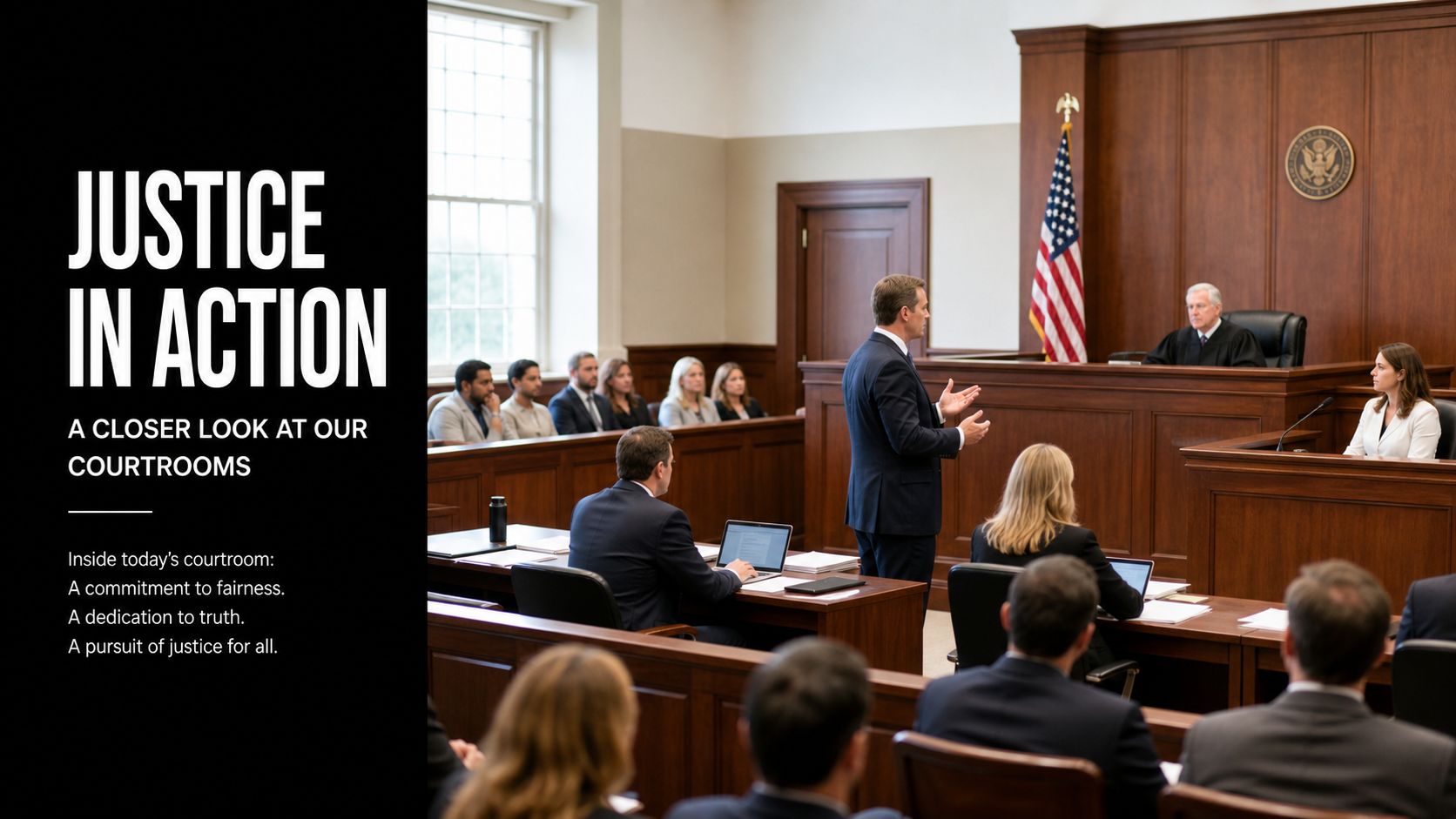 A professional attorney stands in a formal courtroom, addressing the judge while presenting a legal case.