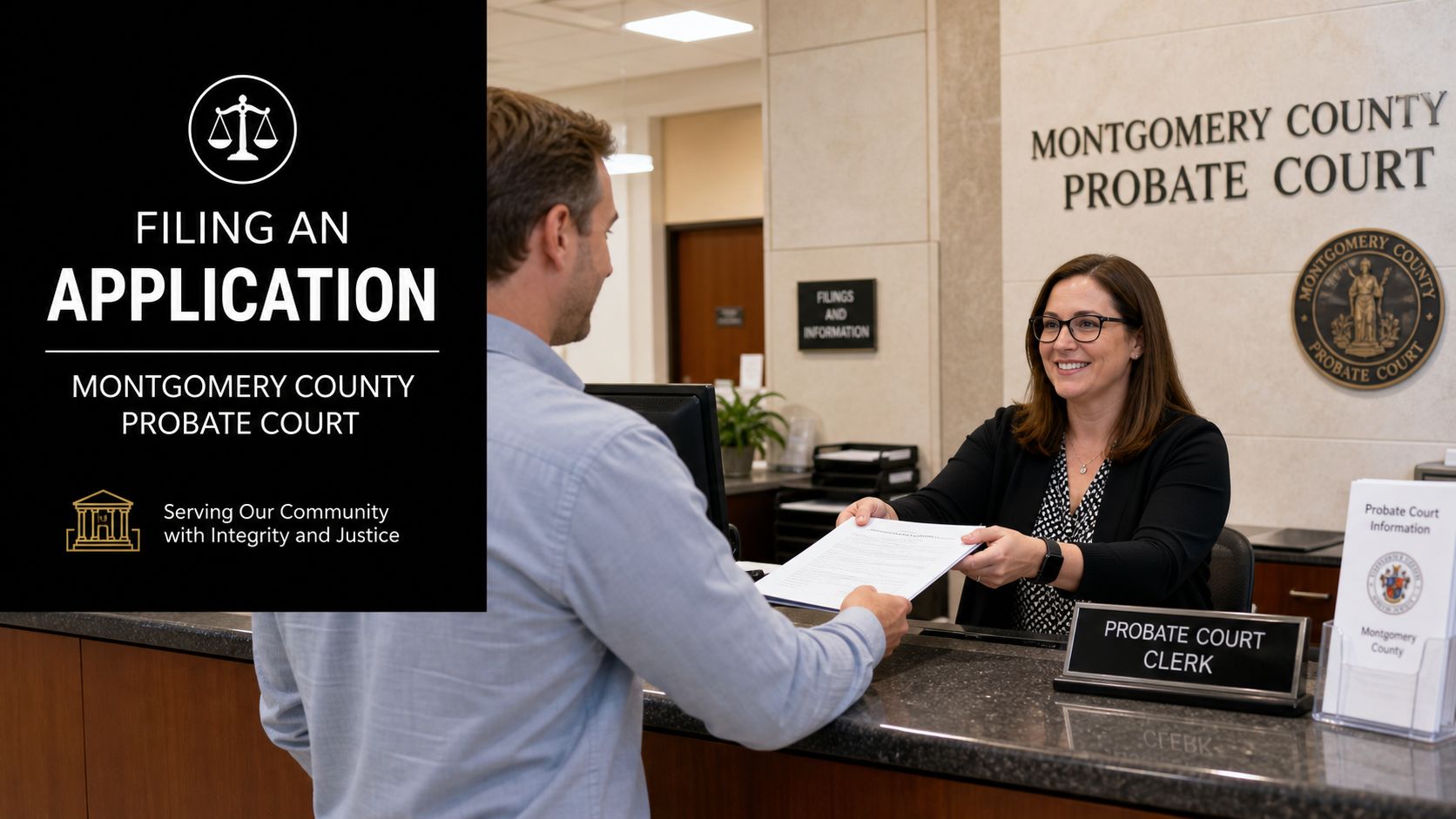 A clerk at the Montgomery County Probate Court accepts an application form from a visitor at the counter.