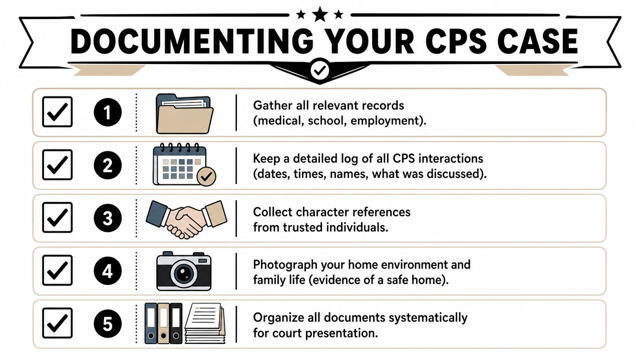 An infographic titled Documenting Your CPS Case, listing five numbered steps for organizing records and evidence.
