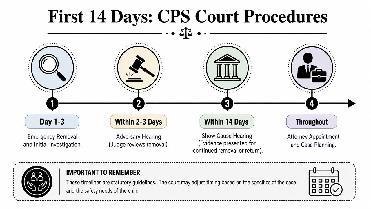 A timeline graphic outlining the first 14 days of CPS court procedures including hearings and investigations.