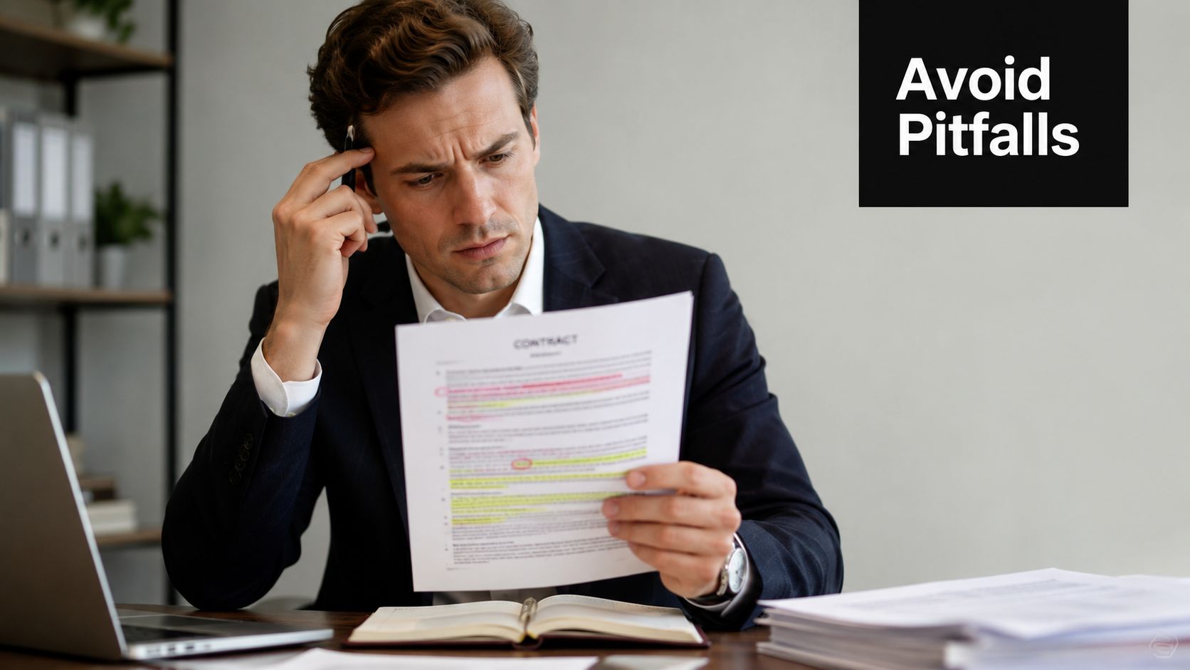 A focused man in a suit carefully reviewing a contract with highlighted sections in an office setting.