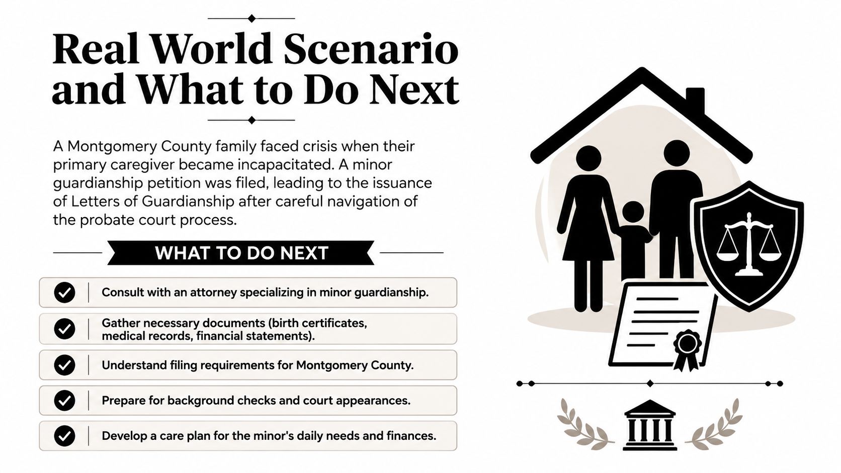 An infographic titled Real World Scenario explaining the steps to file for minor guardianship in Montgomery County.