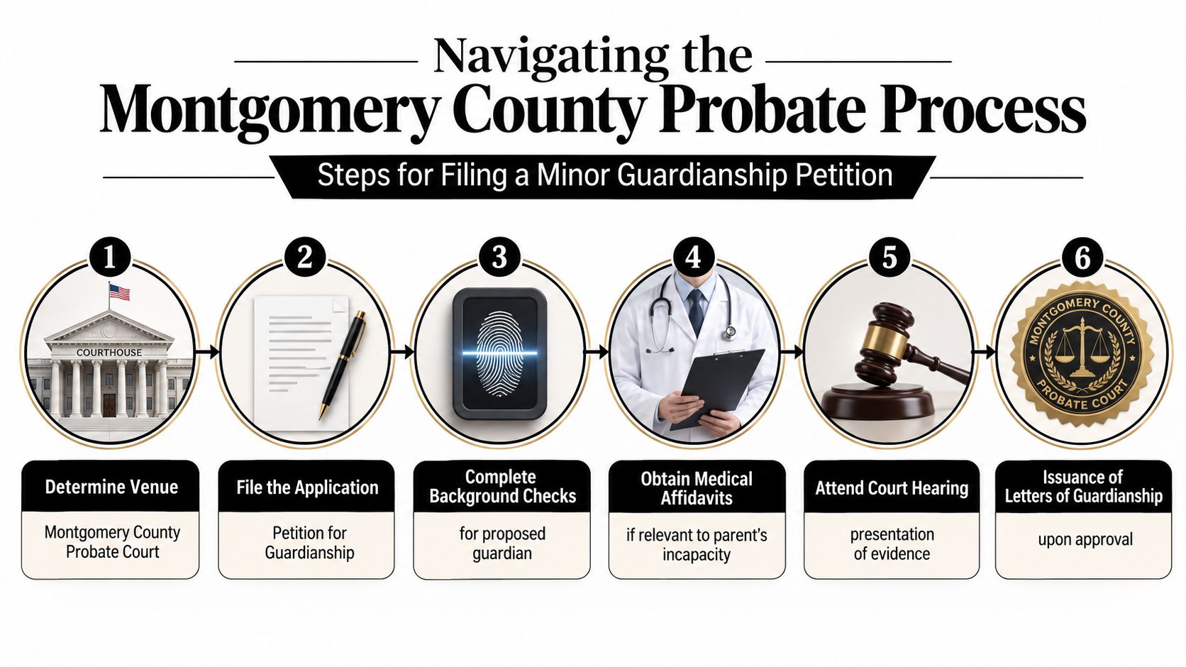 A six-step infographic outlining the process for filing a minor guardianship petition in Montgomery County Probate Court.