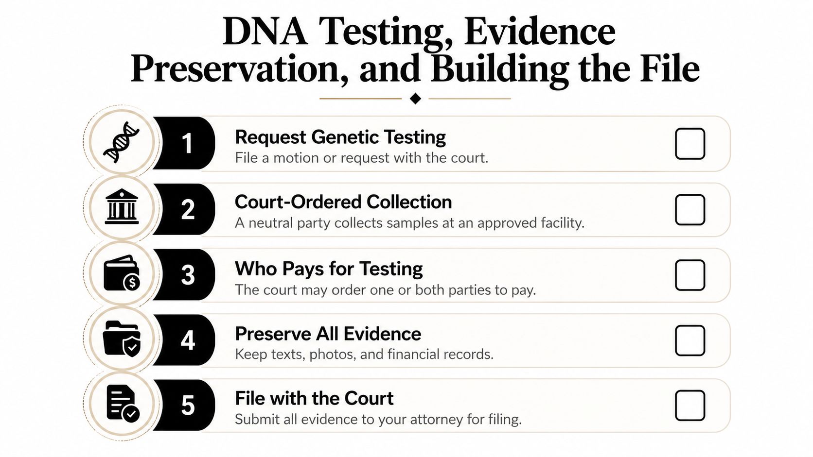 A checklist infographic outlining five steps for DNA testing and evidence preservation in a legal case.