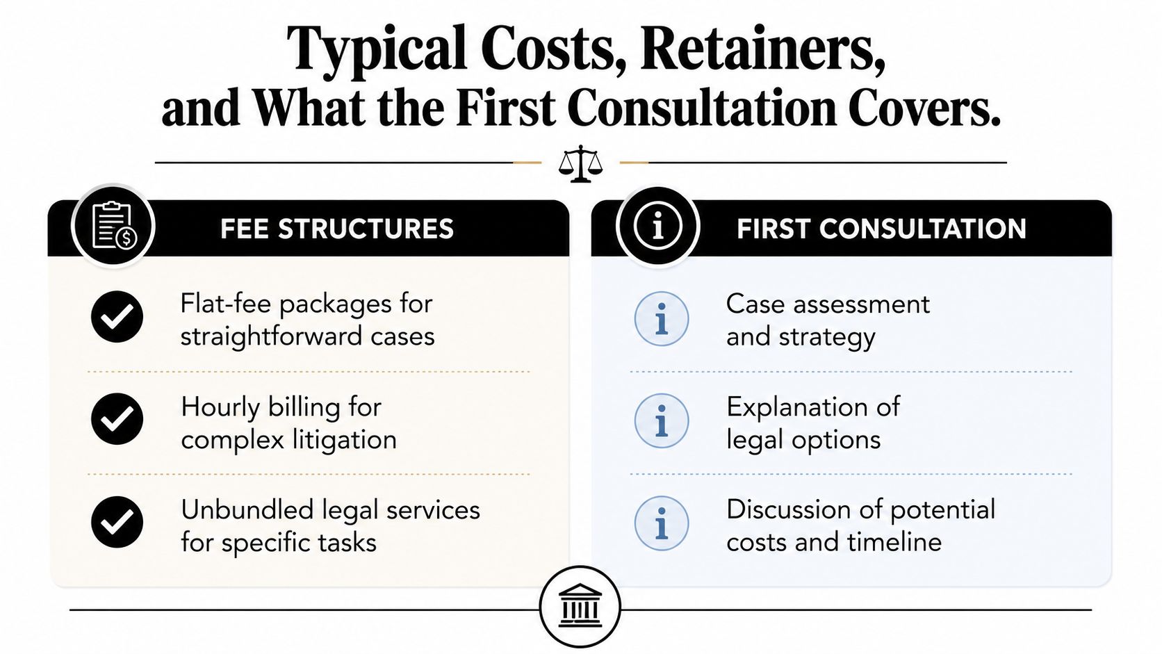 A graphic explaining typical legal fee structures, retainer types, and what to expect during a first consultation.