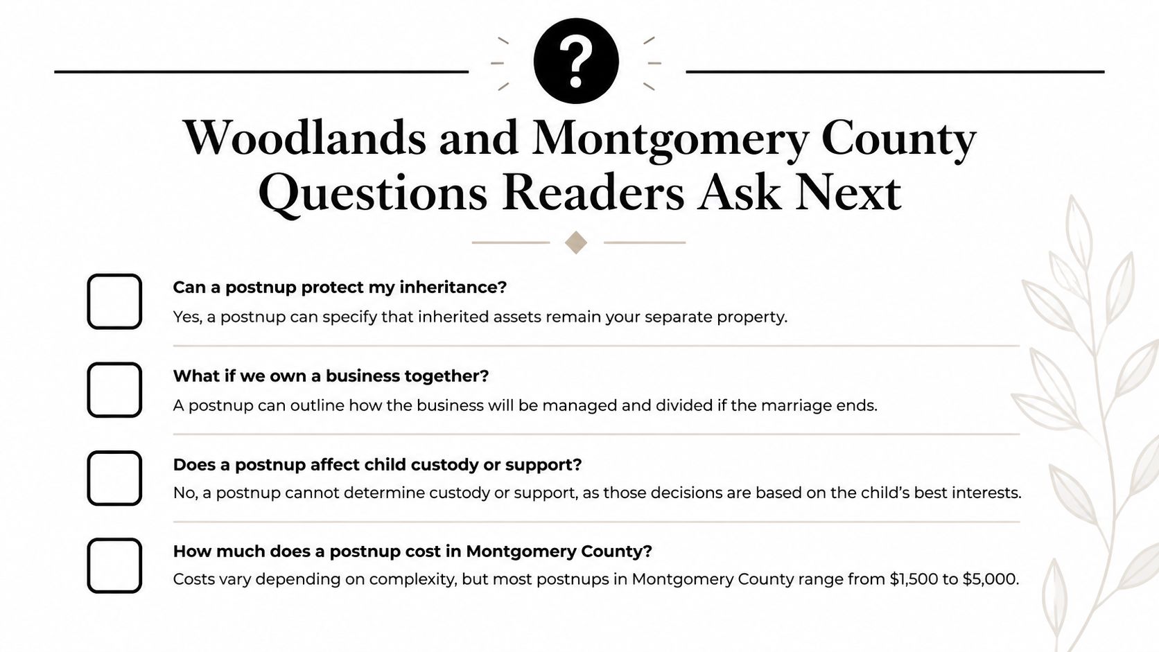 An infographic listing common questions and answers about postnuptial agreements in The Woodlands and Montgomery County.