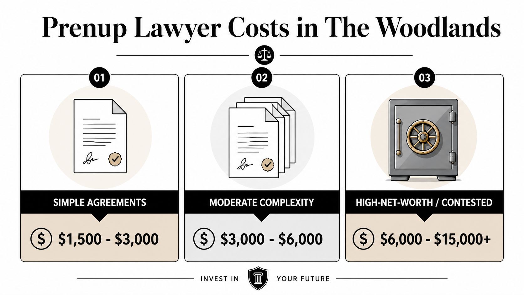 A graphic showing cost ranges for prenuptial agreement lawyers in The Woodlands based on case complexity.