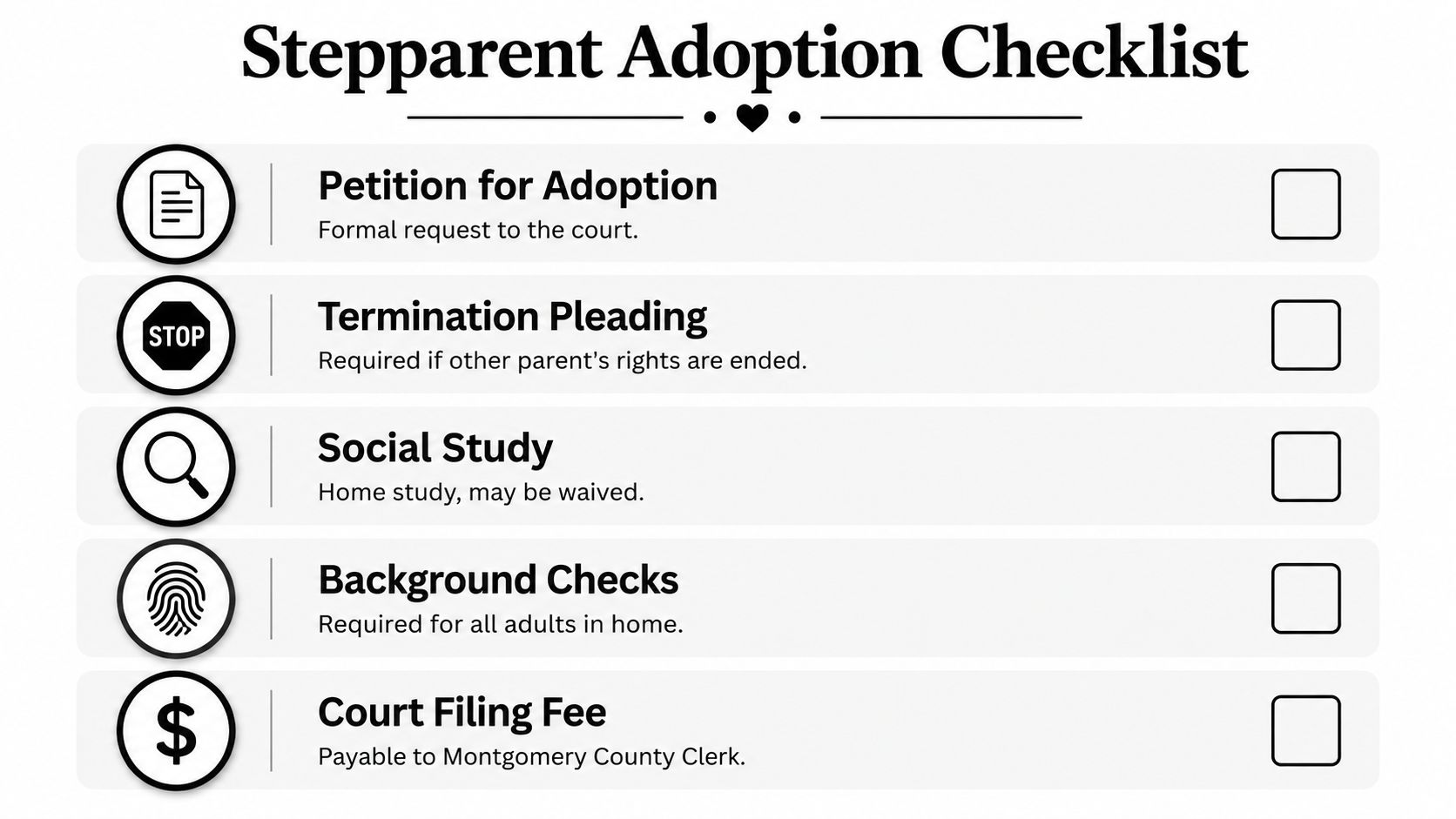 A stepparent adoption checklist infographic listing essential legal documents and steps for a court process.