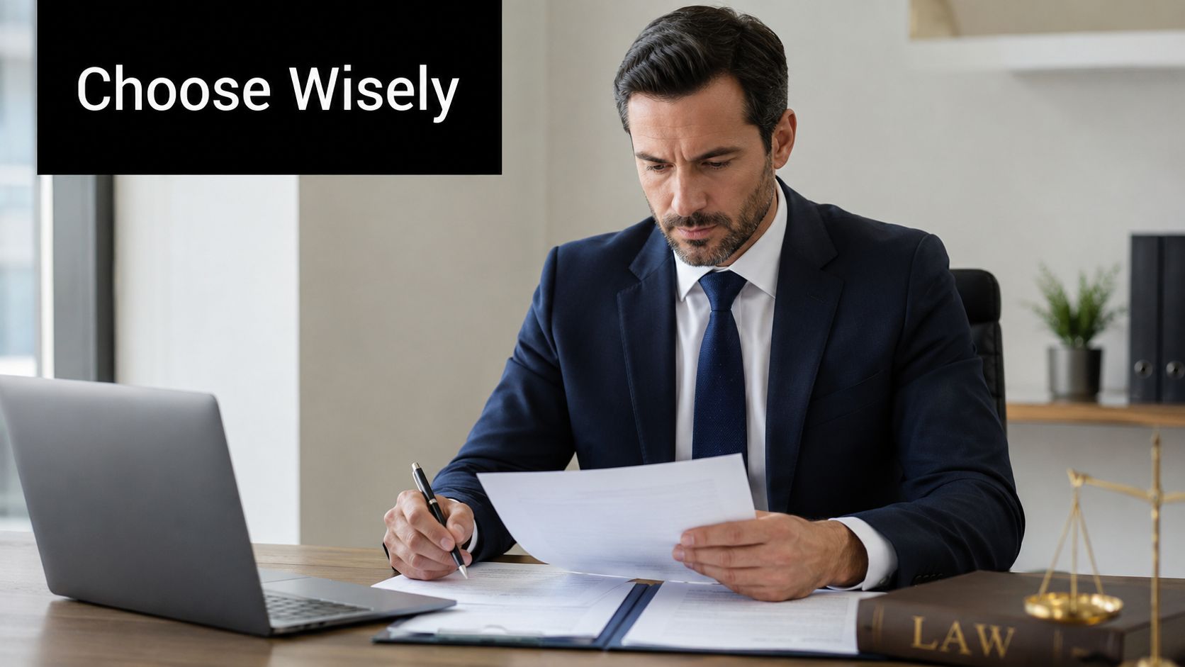 A professional lawyer reviewing legal documents at his desk in an office with a laptop nearby.
