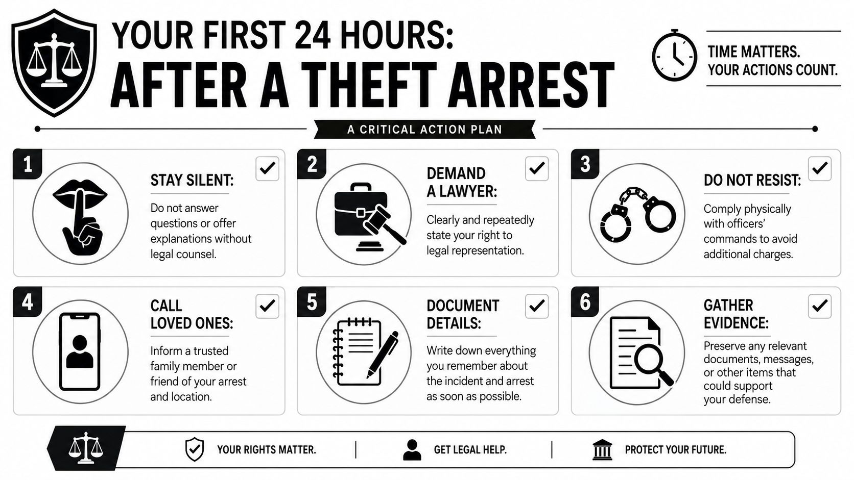 An infographic titled Your First 24 Hours After a Theft Arrest outlining six essential legal steps.