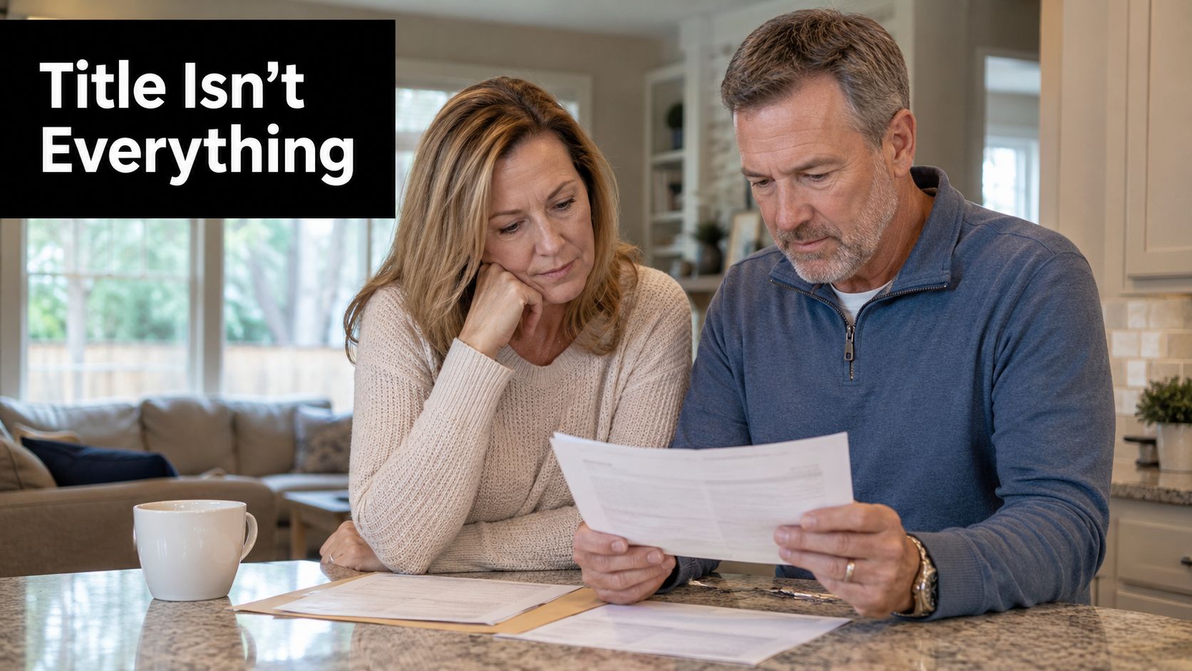 A concerned couple sitting at a kitchen table while reviewing legal or financial documents together.