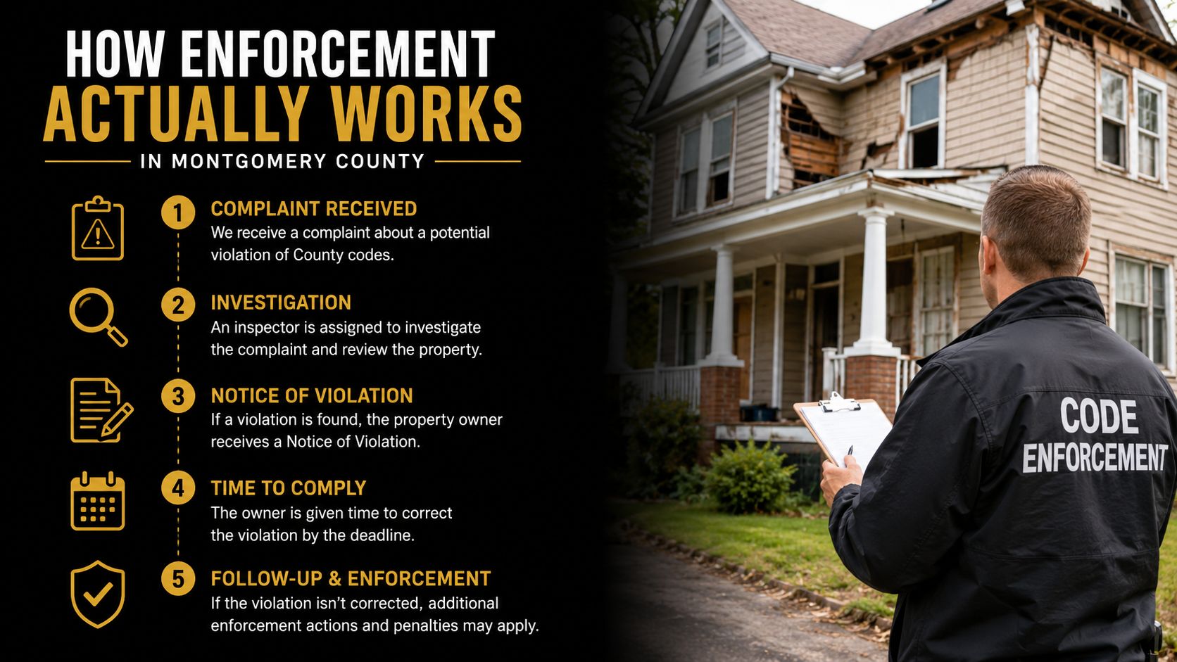 A code enforcement officer inspecting a damaged house as part of the five-step county code violation process.