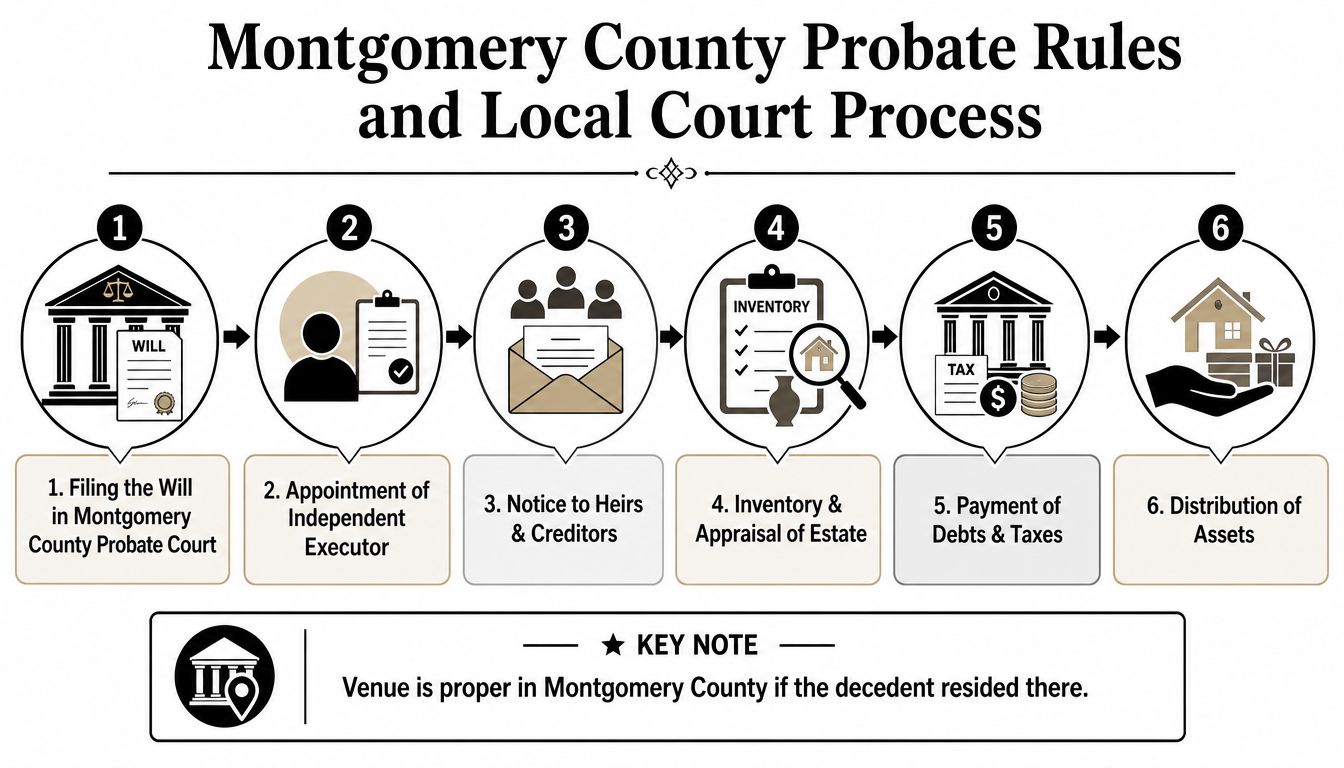 A six-step infographic illustrating the Montgomery County probate process from filing the will to asset distribution.