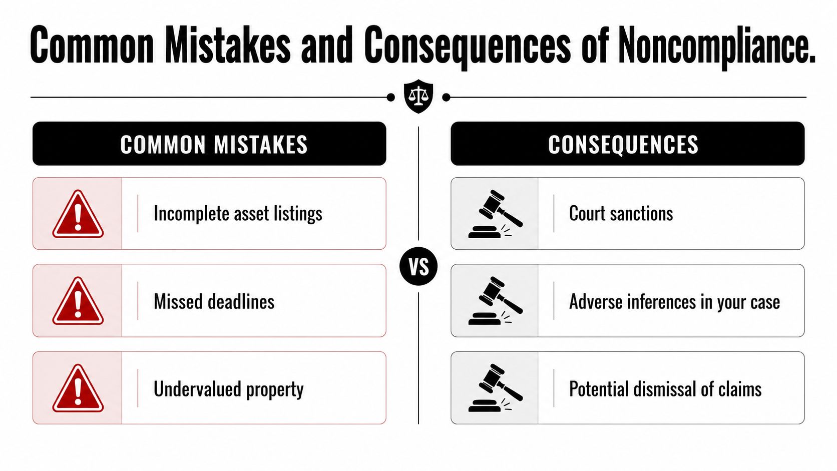 An infographic titled Common Mistakes and Consequences of Noncompliance comparing legal errors with their potential courtroom consequences.