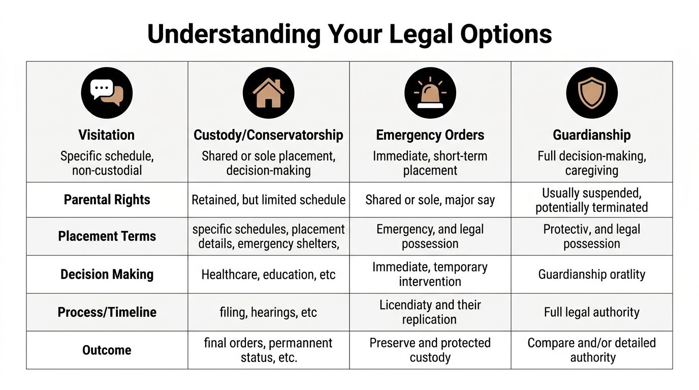 A chart comparing four legal options for child care including visitation, custody, emergency orders, and guardianship.