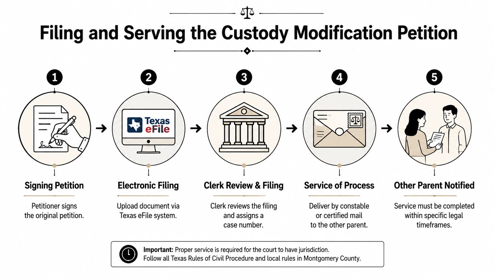 A five-step infographic explaining the legal process for filing and serving a custody modification petition in Texas.