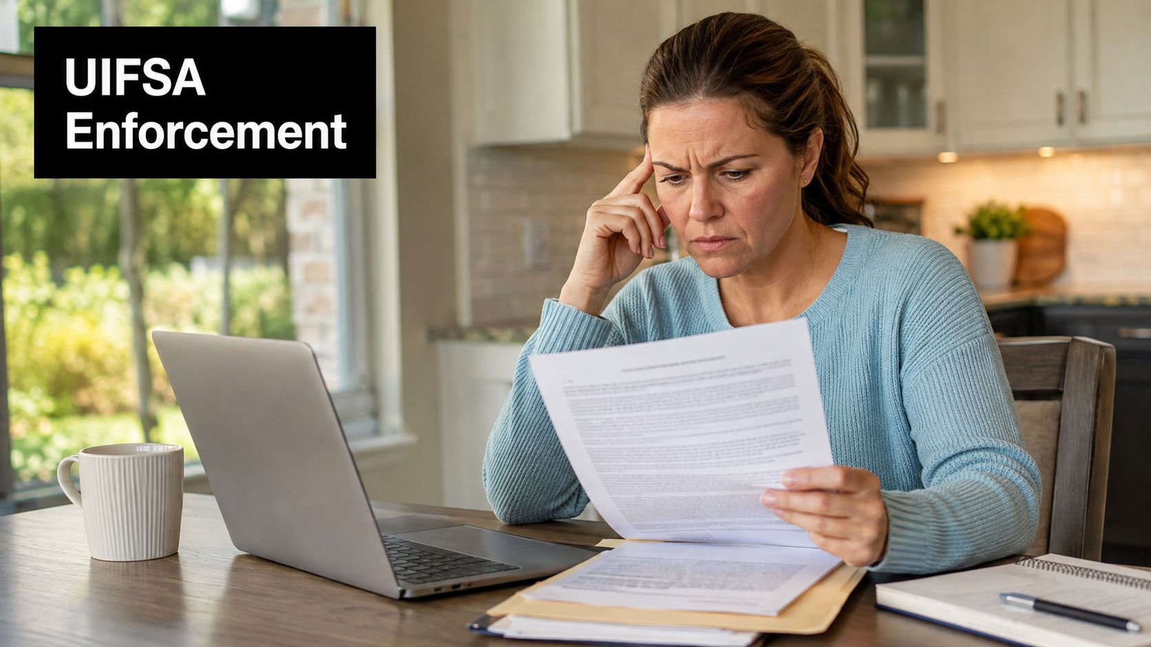 A concerned woman sitting at a table at home, reviewing documents regarding UIFSA child support enforcement.