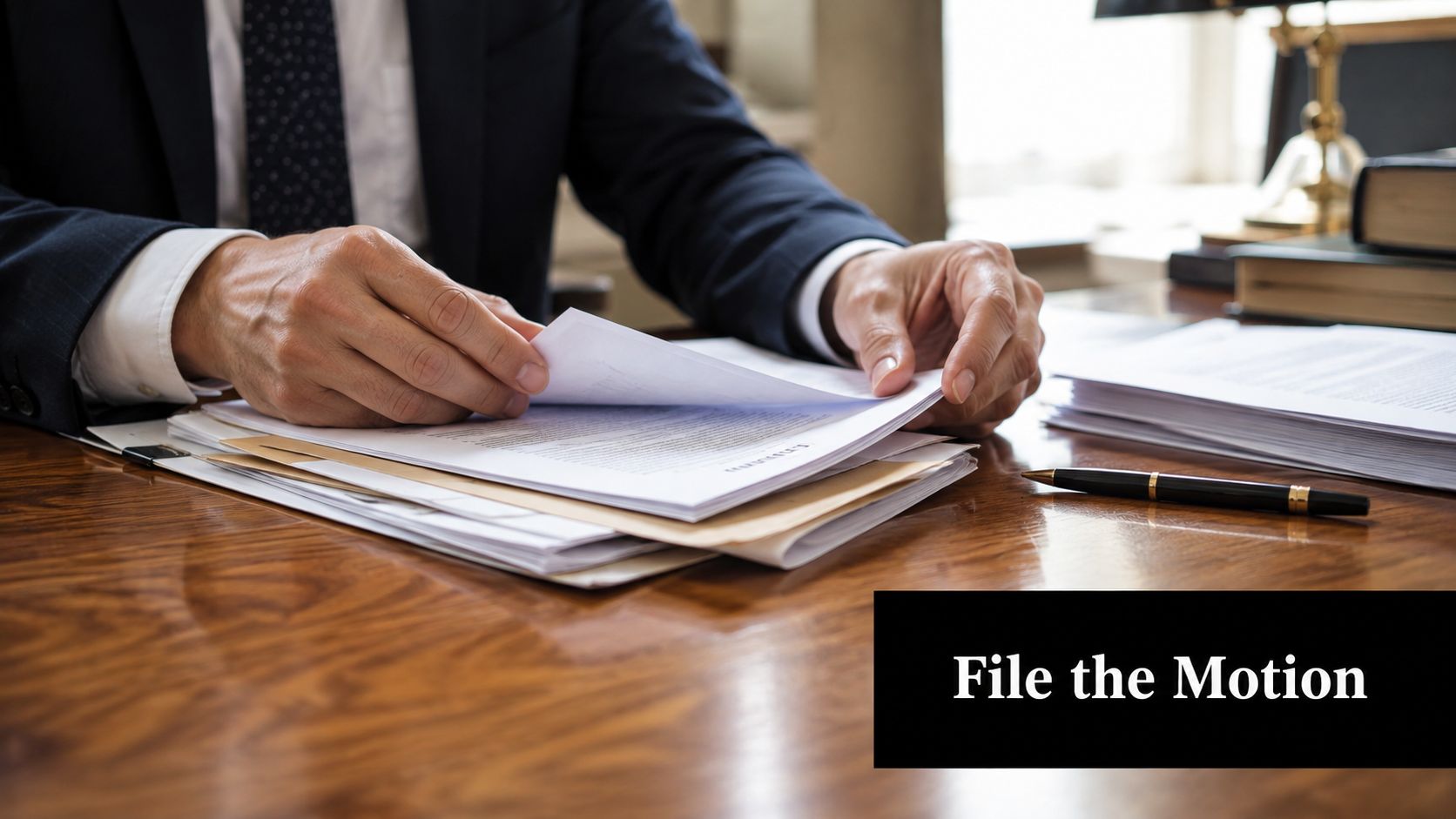 A professional lawyer reviewing legal documents on a wooden desk while preparing to file a motion.