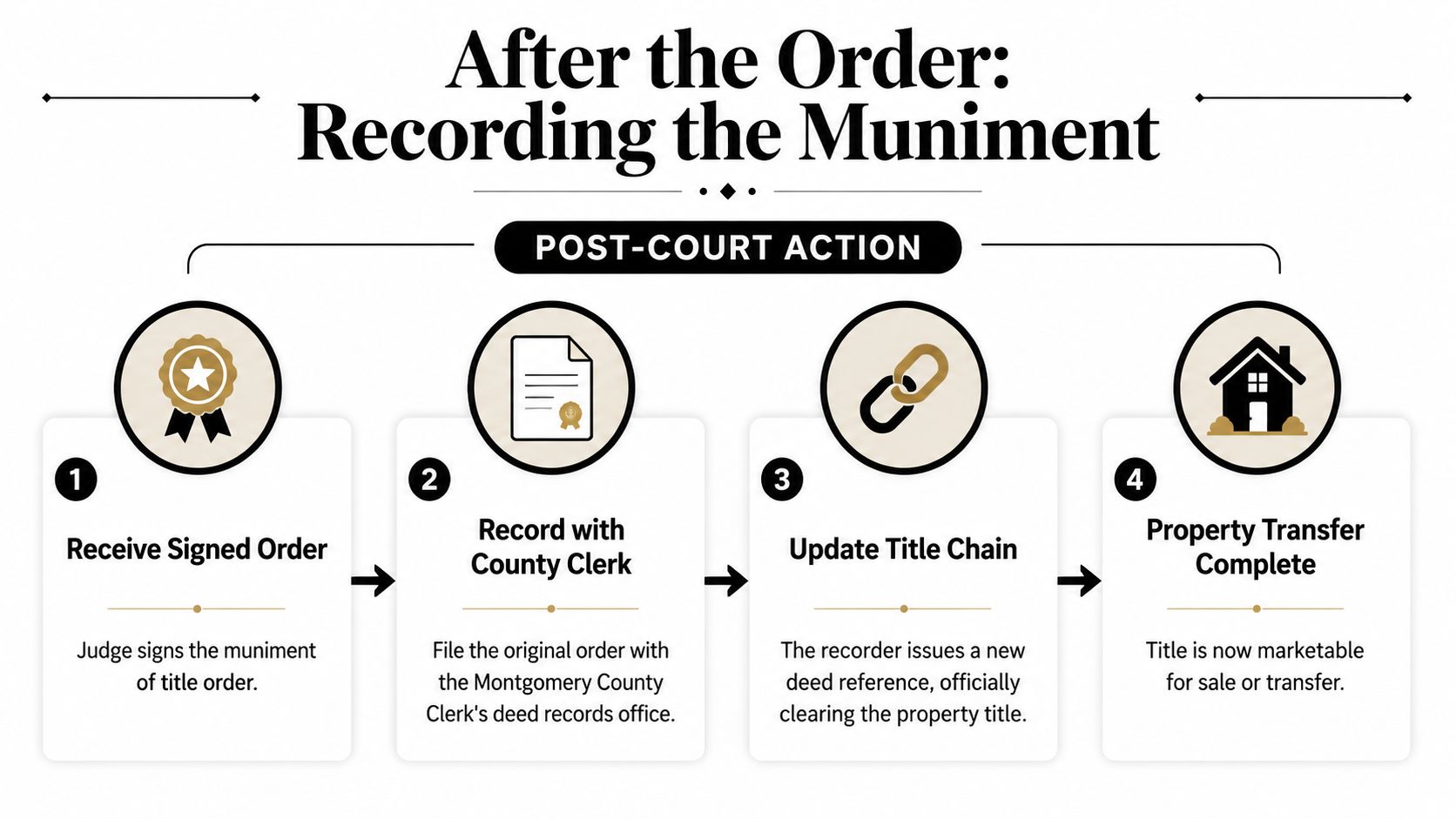 A four-step infographic illustrating the post-court process for recording a muniment of title for property.