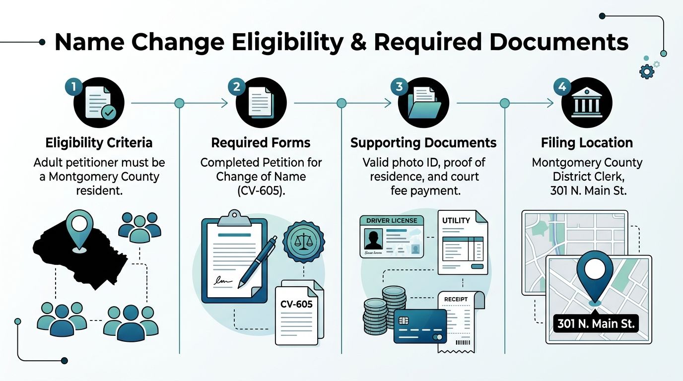 An infographic showing the four steps for a name change process in Montgomery County, Texas.