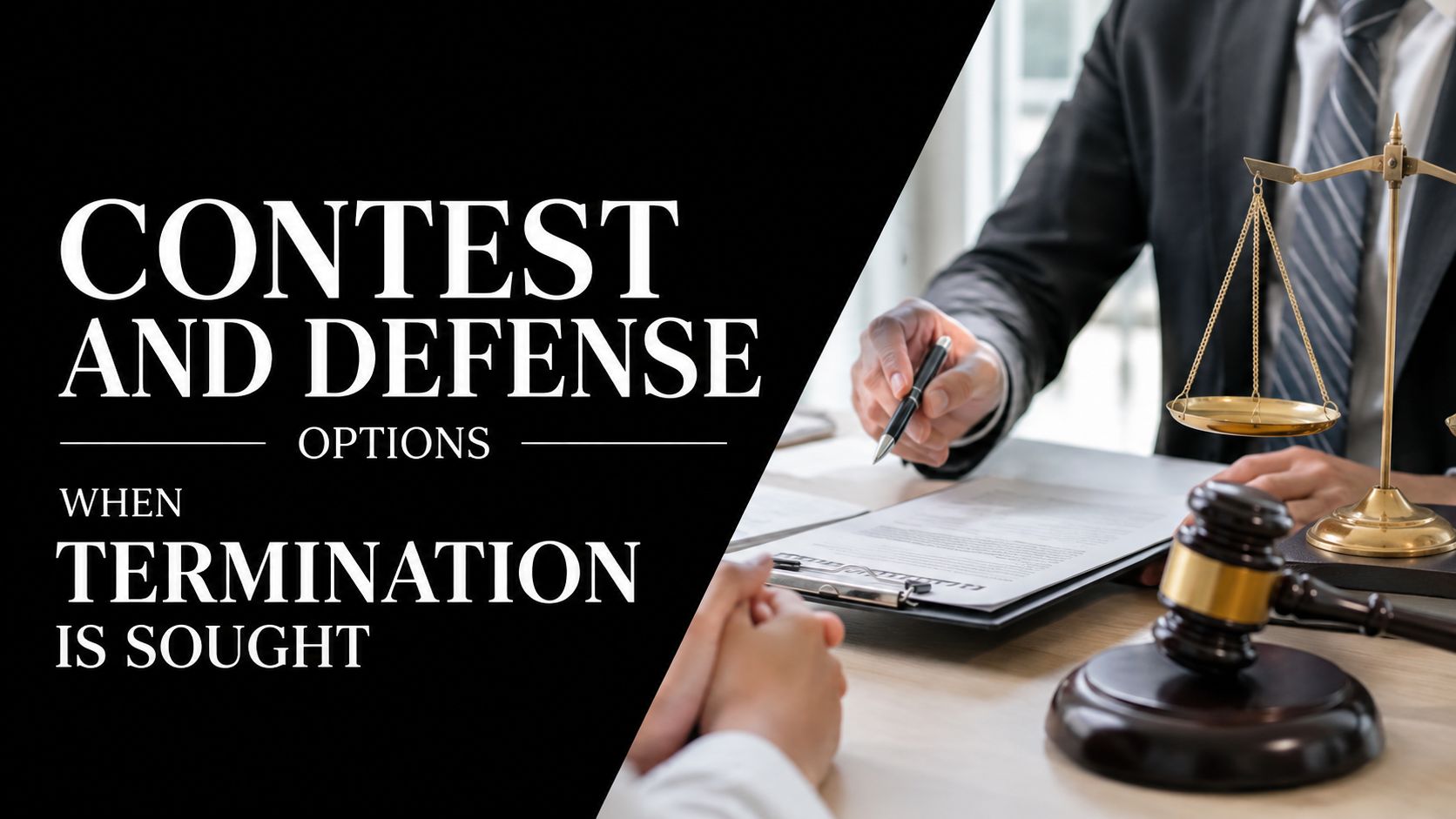 A legal professional consulting with a client regarding termination of rights, featuring a gavel and legal scales.