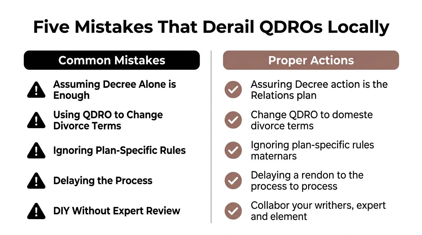 An infographic titled Five Mistakes That Derail QDROs Locally listing common errors and their corresponding proper actions.