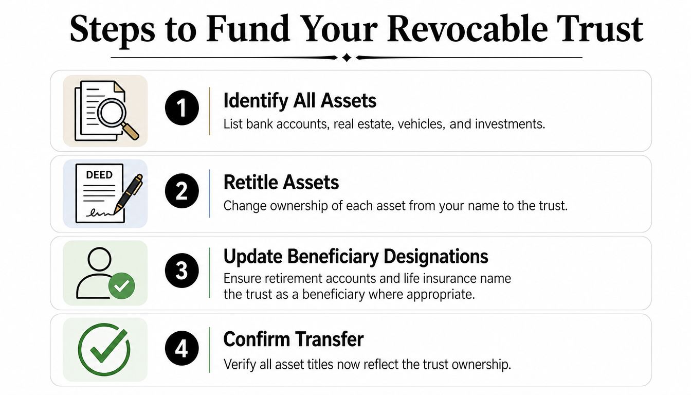 A step-by-step guide illustrating the process of funding a revocable trust for estate planning purposes.