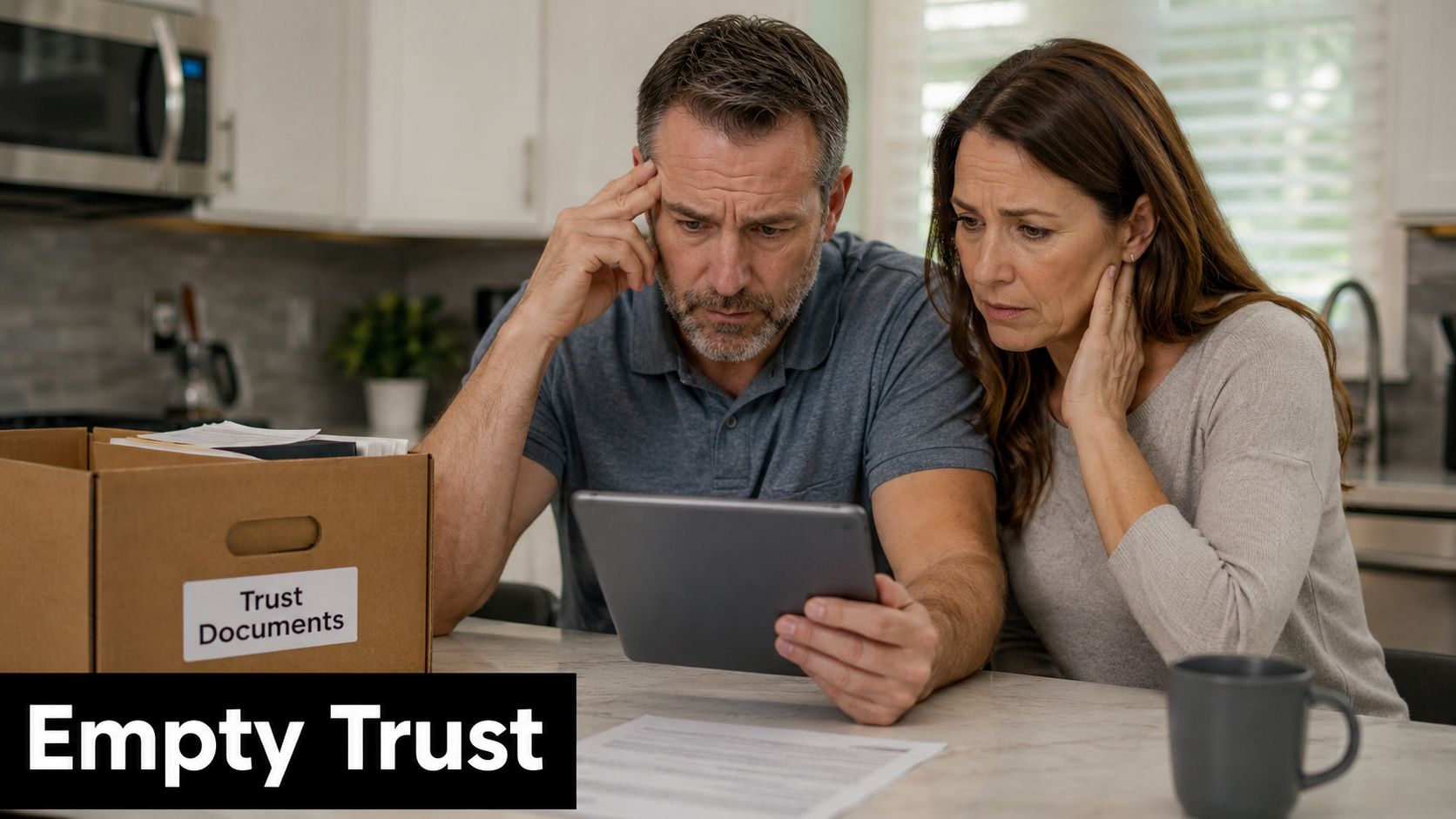 A concerned couple looks at a digital tablet while sitting with a box labeled Trust Documents.
