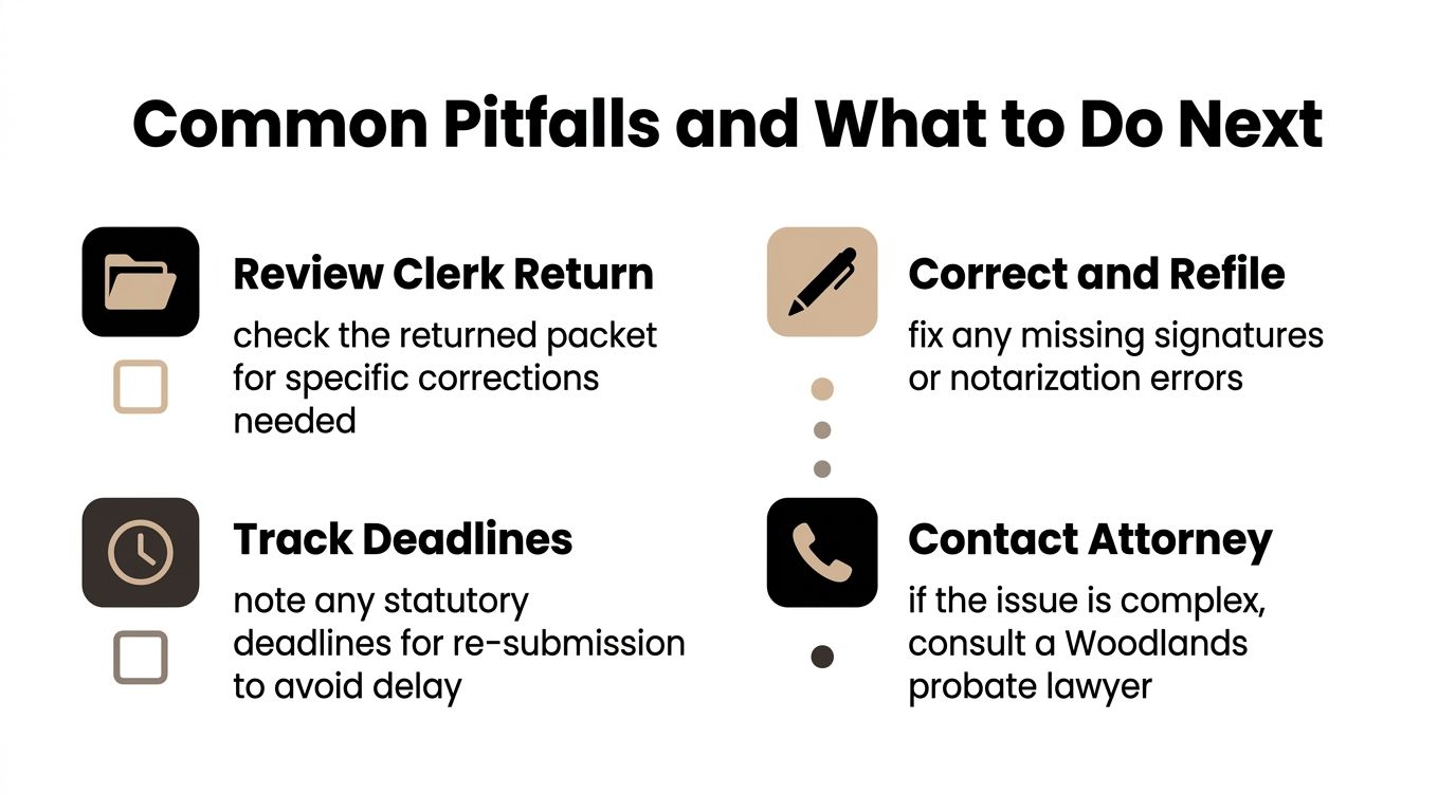 A guide listing common pitfalls and next steps for legal document processing, including reviewing returns and contacting attorneys.