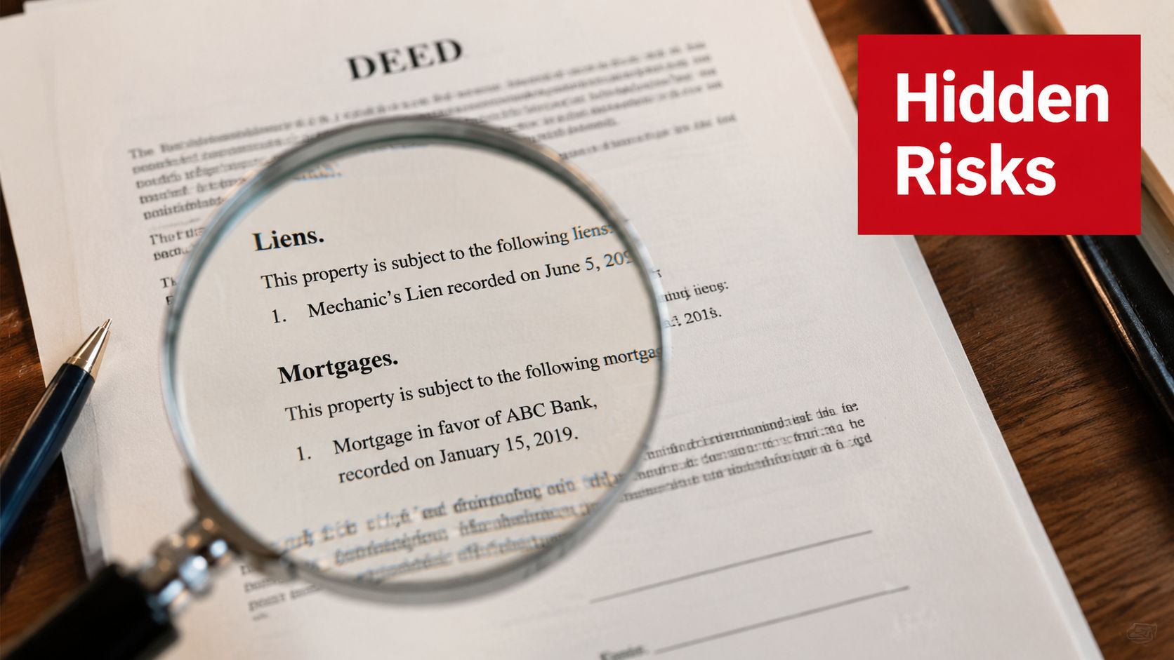 A magnifying glass placed over a legal deed document highlighting a mechanic's lien and a mortgage record.