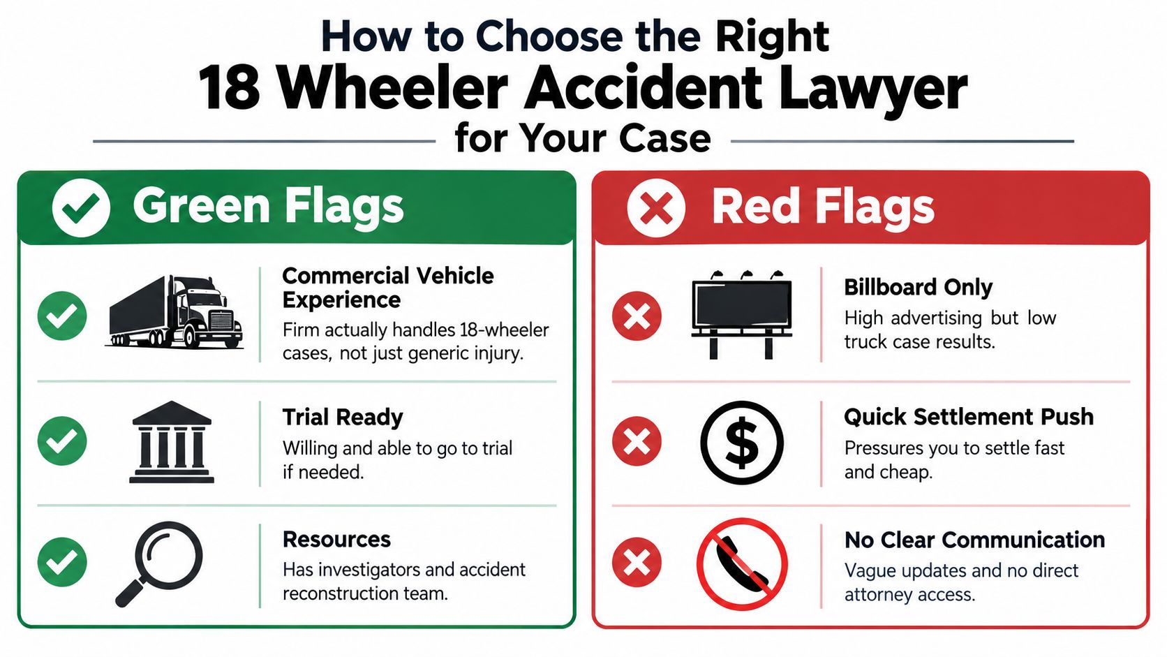 An infographic comparing green flags and red flags for choosing the right 18 wheeler accident attorney.