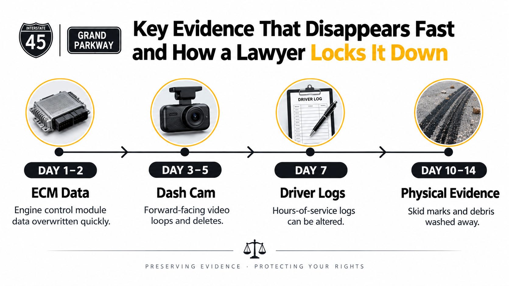 A timeline graphic showing how essential evidence for truck accidents disappears quickly, requiring timely legal intervention.