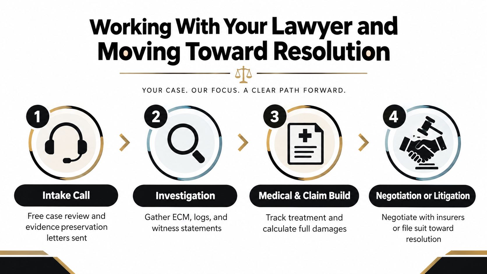 A flowchart showing the four stages of working with an attorney after an 18 wheeler accident.