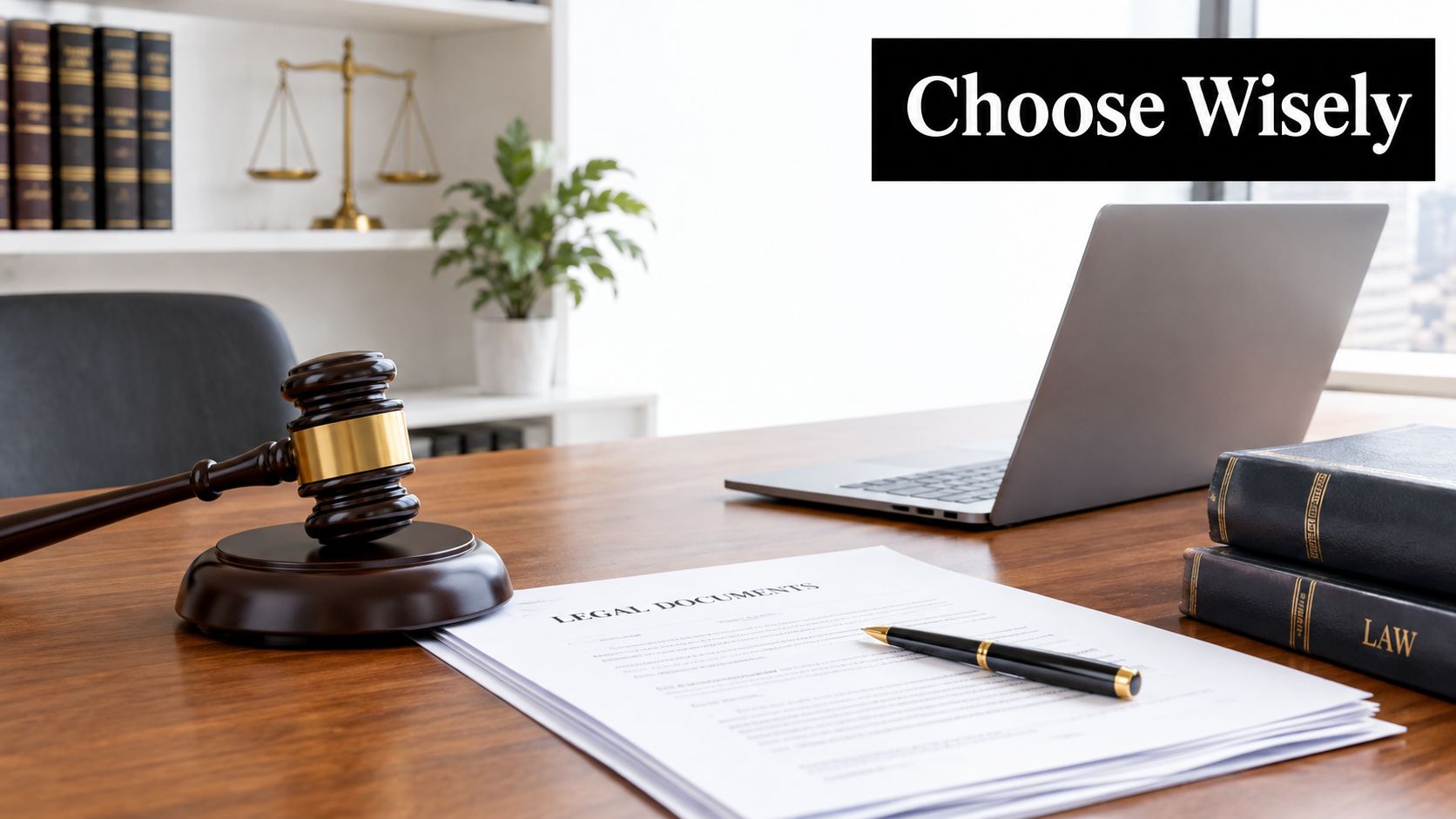 A gavel and legal documents placed on an office desk alongside a laptop and law books.