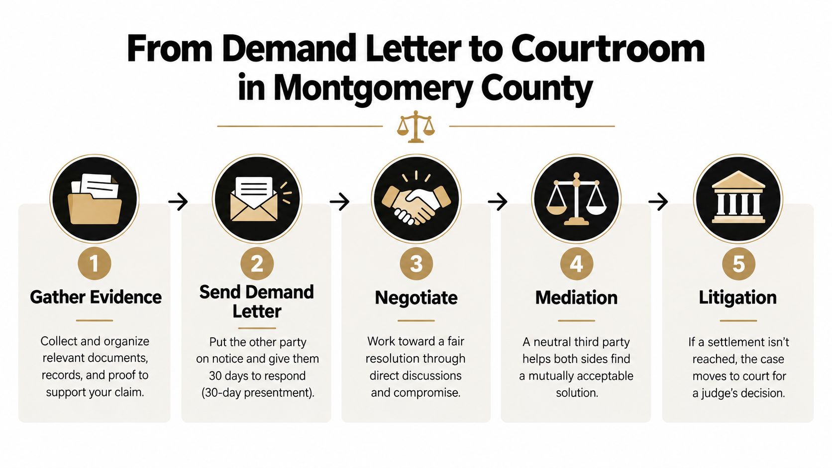 A five-step legal process infographic illustrating the journey from gathering evidence to courtroom litigation in Montgomery County.